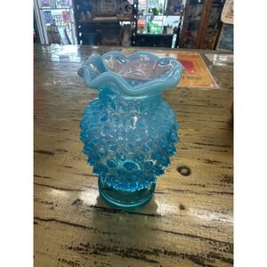 Vtg Fenton Blue Opalescent Hobnail Mini Vase Tri Crimp 1940s